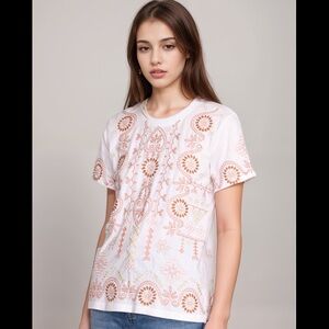 Johnny Was Faye White and terracotta Brown Embroidered Women's t shirt S